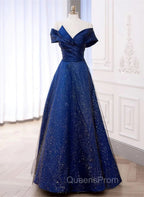 Blue Satin Long A-line Evening Dress Evening Prom Dress, Off Shoulder Blue Evening Dress