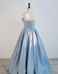 Blue Satin Long A-line Party Dress Prom Dress Blue Floor Length Evening Dress prom dresses shops