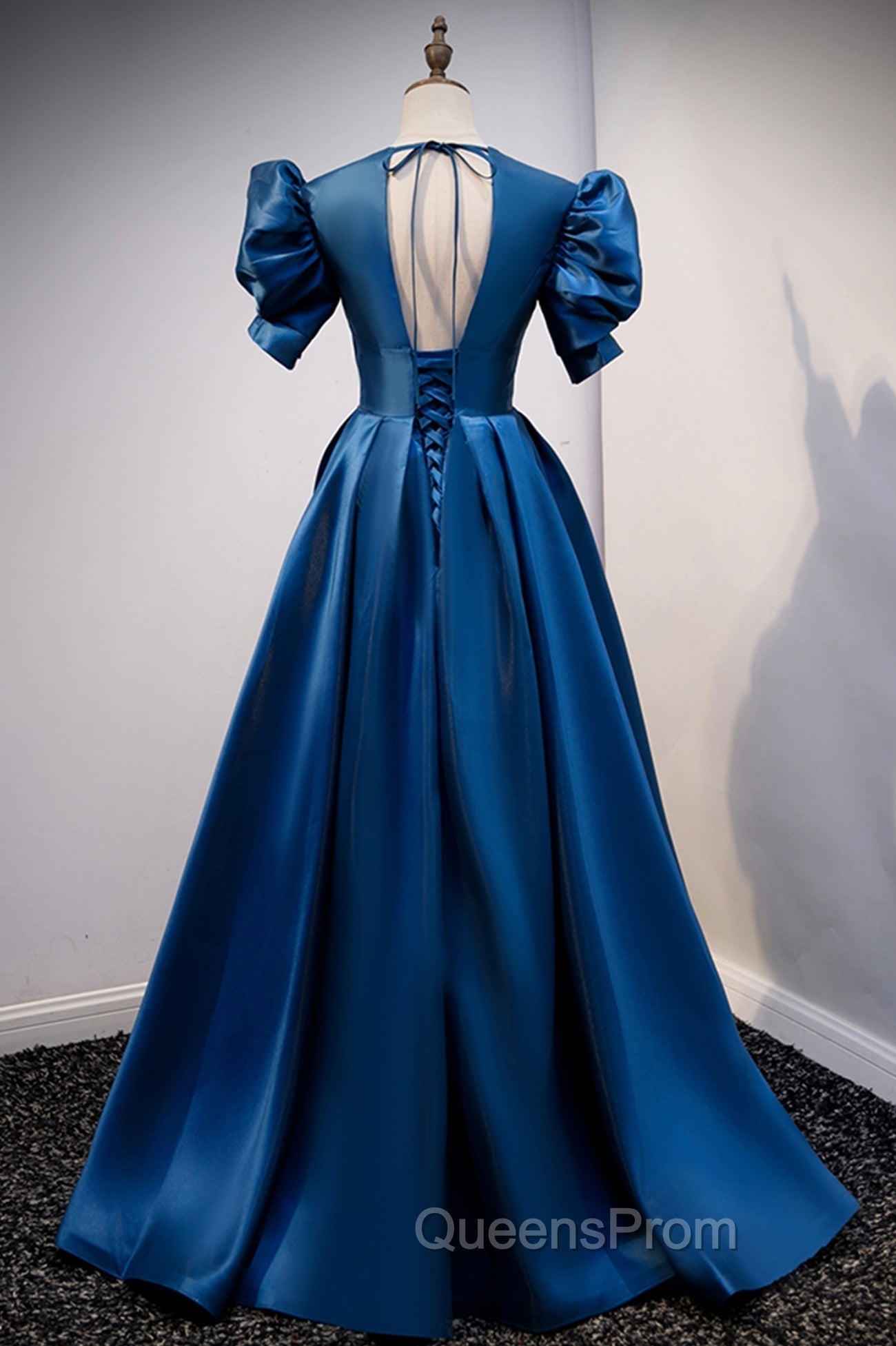 Blue Satin Long A-Line Evening Prom Dress, Elegant Short Sleeve Party Dress