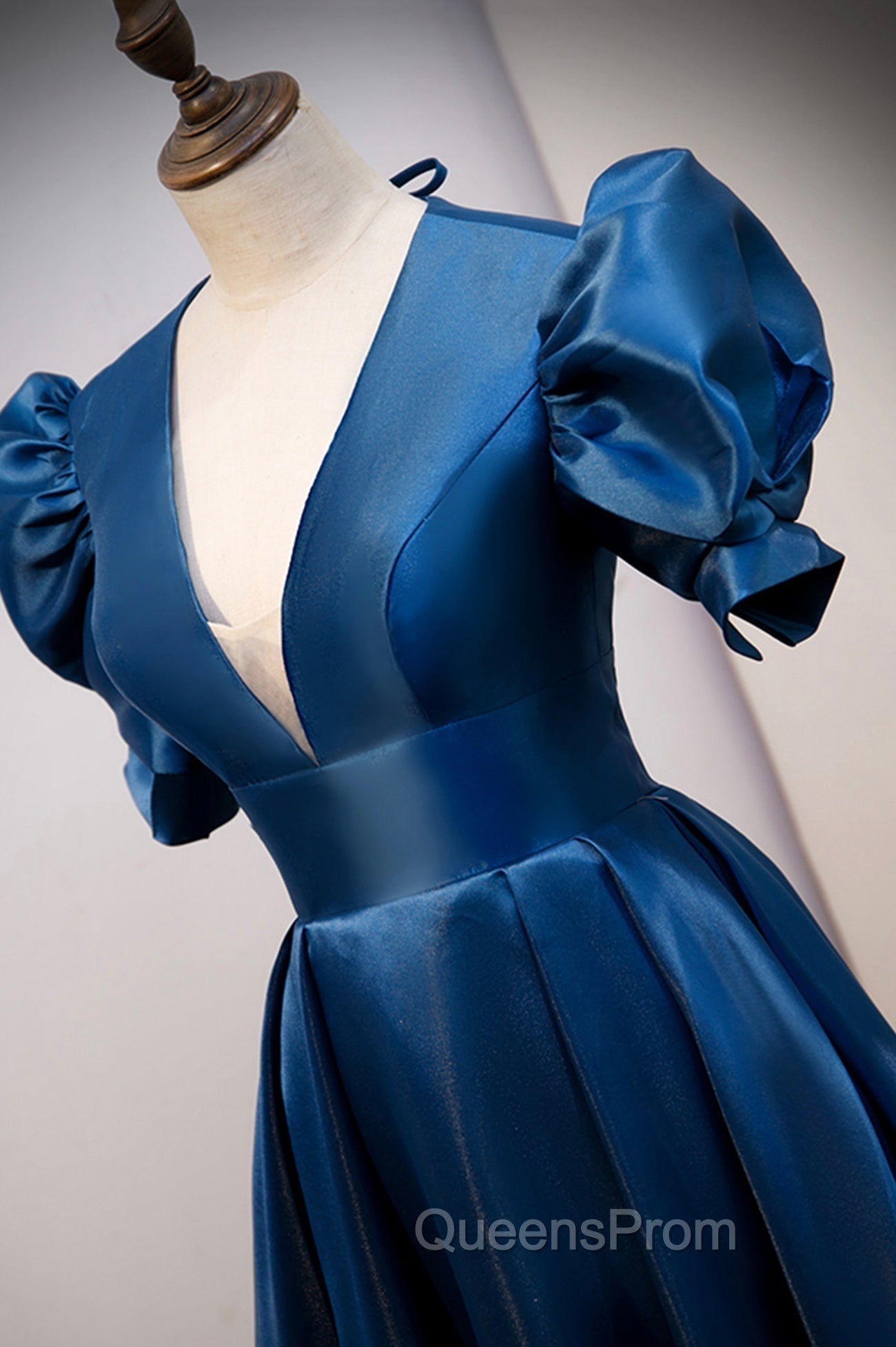 Blue Satin Long A-Line Evening Prom Dress, Elegant Short Sleeve Party Dress