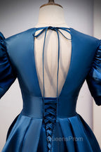 Blue Satin Long A-Line Evening Prom Dress, Elegant Short Sleeve Party Dress