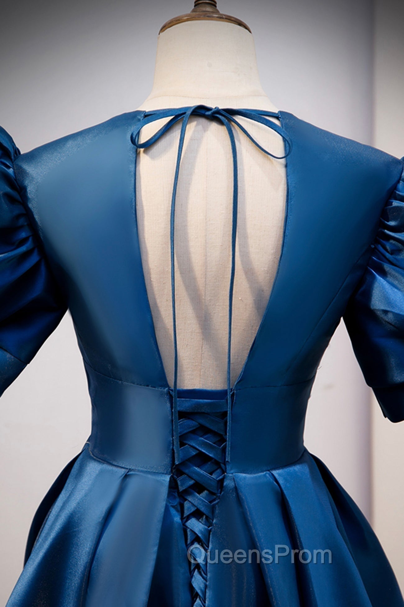 Blue Satin Long A-Line Evening Prom Dress, Elegant Short Sleeve Party Dress