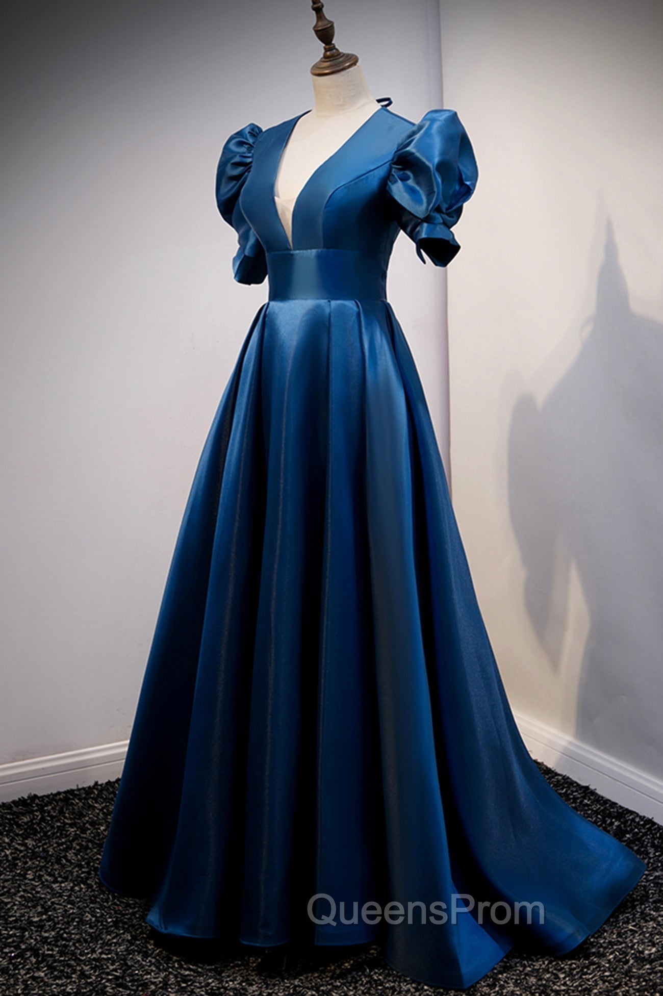 Blue Satin Long A-Line Evening Prom Dress, Elegant Short Sleeve Party Dress