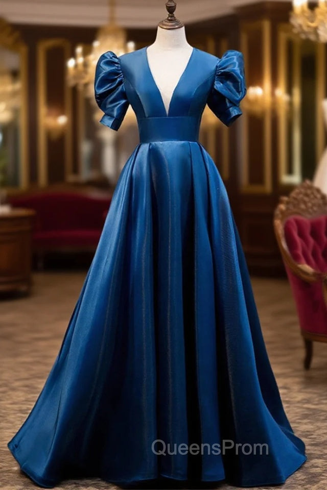 Blue Satin Long A-Line Evening Prom Dress, Elegant Short Sleeve Party Dress Main image