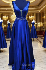 Blue Satin Long A Line Evening Prom Dress Evening Dress