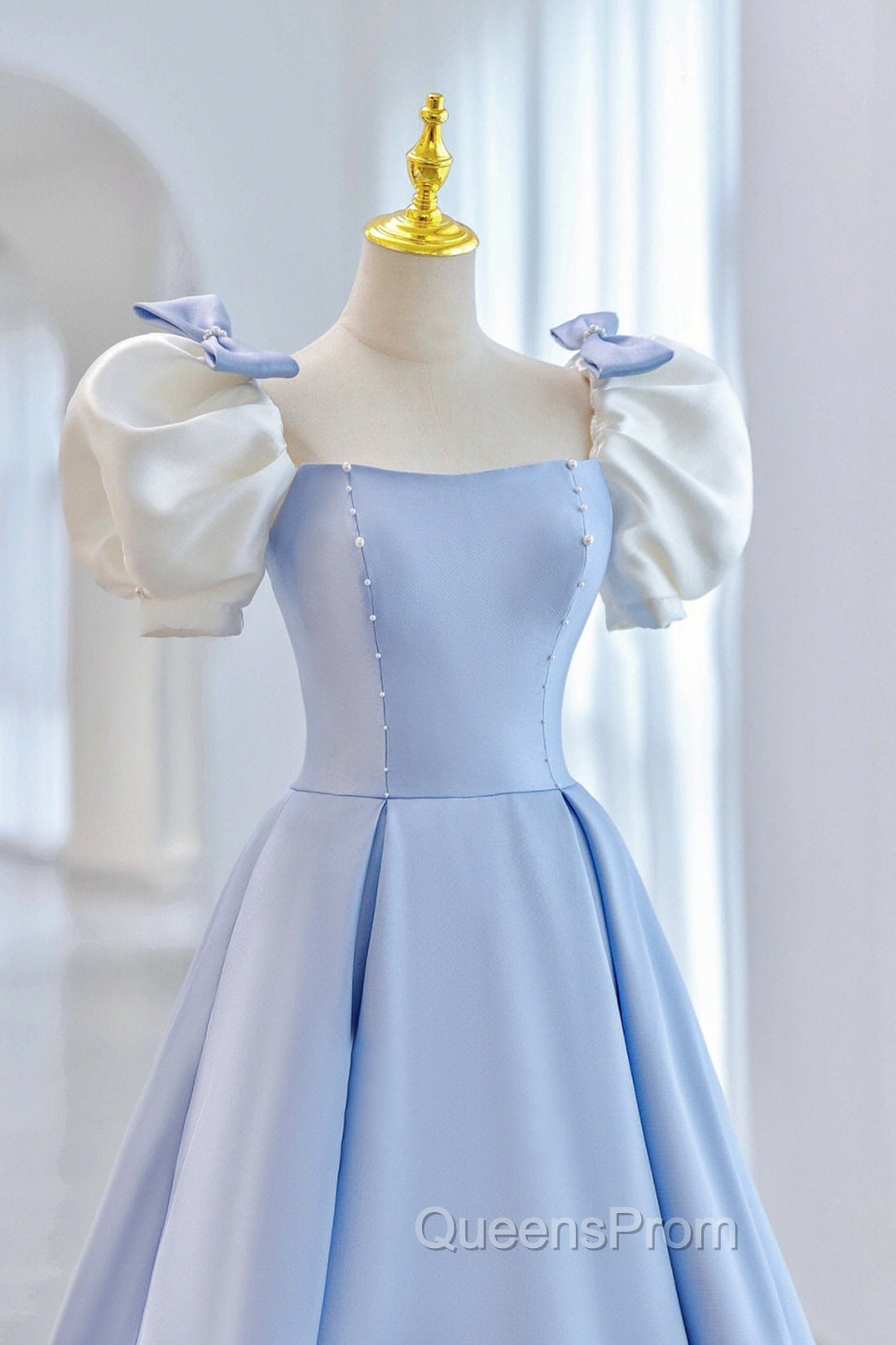 Blue Satin Long A-Line Evening Prom Dress, Lovely Short Sleeve Evening Dress Secondary image