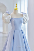 Blue Satin Long A-Line Evening Prom Dress, Lovely Short Sleeve Evening Dress