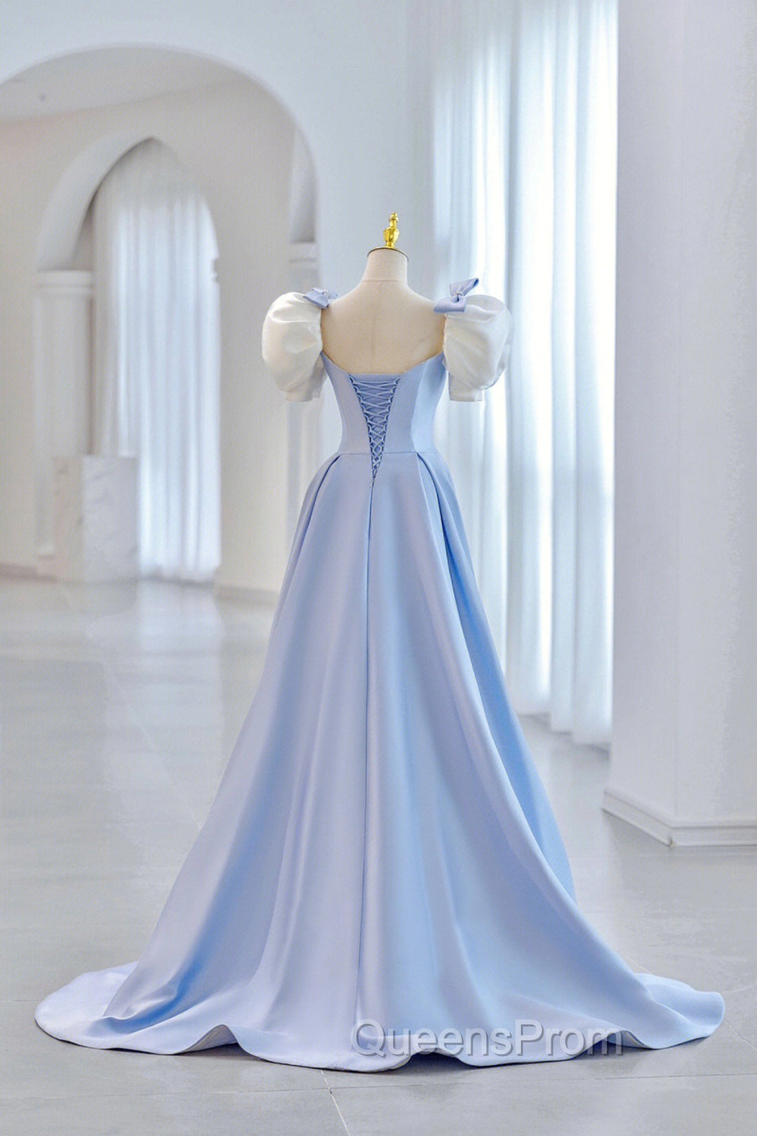 Blue Satin Long A-Line Evening Prom Dress, Lovely Short Sleeve Evening Dress