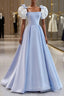 Blue Satin Long A-Line Evening Prom Dress, Lovely Short Sleeve Evening Dress