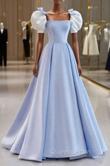 Blue Satin Long A-Line Evening Prom Dress, Lovely Short Sleeve Evening Dress