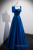Blue Satin Long A-Line Evening Prom Dress, Simple Blue Short Sleeve Evening Dress