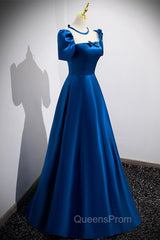Blue Satin Long A-Line Evening Prom Dress, Simple Blue Short Sleeve Evening Dress