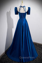 Blue Satin Long A-Line Evening Prom Dress, Simple Blue Short Sleeve Evening Dress