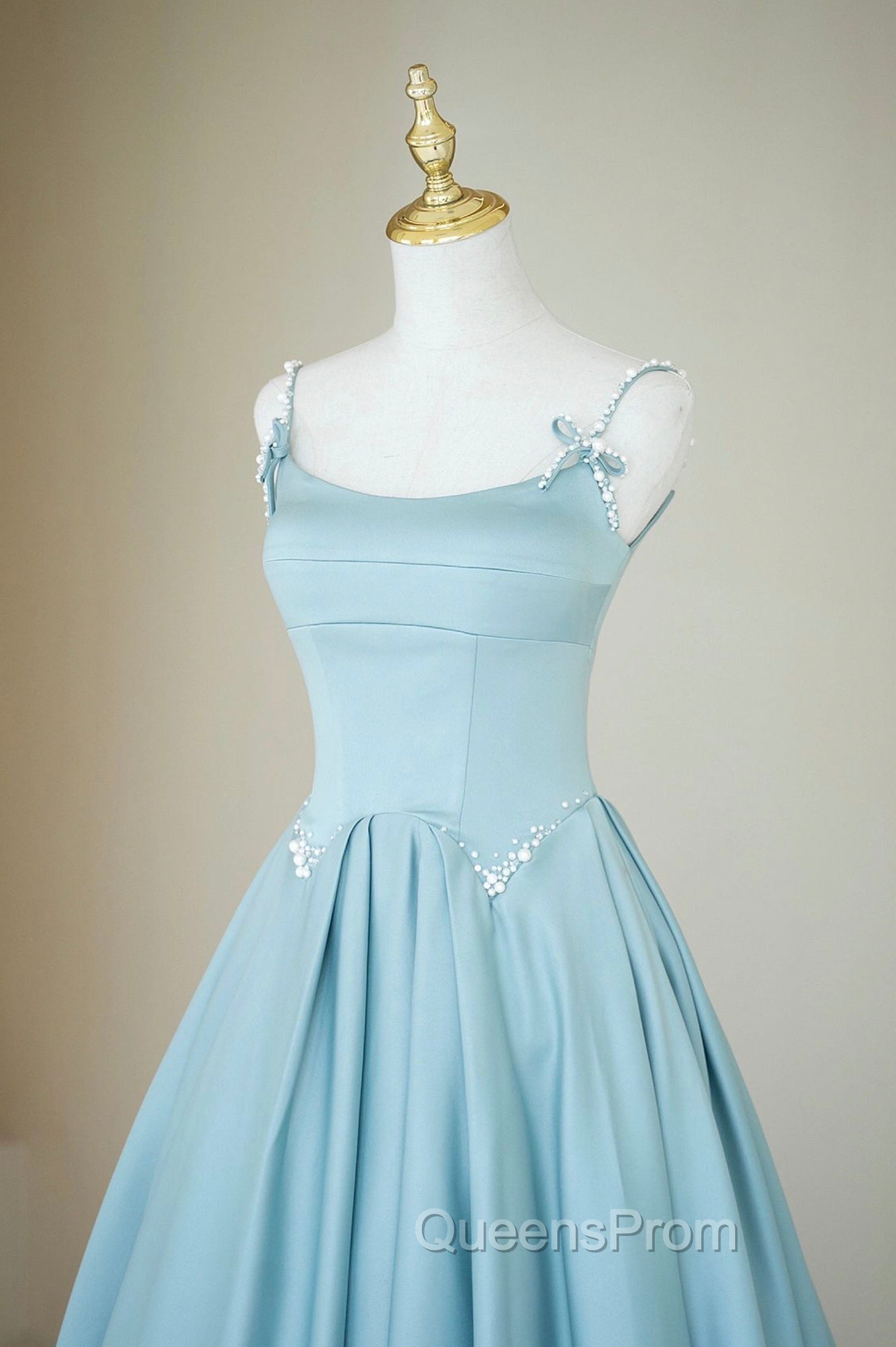Blue Satin Long A-Line Evening Prom Dress, Spaghetti Straps Evening Dress Secondary image