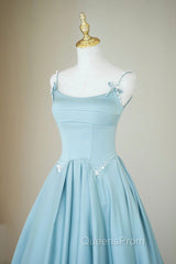 Blue Satin Long A-Line Evening Prom Dress, Spaghetti Straps Evening Dress