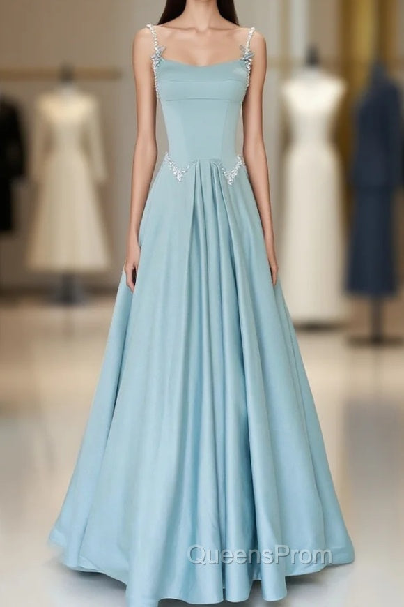 Blue Satin Long A-Line Evening Prom Dress, Spaghetti Straps Evening Dress Main image