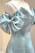 Blue Satin Long A-Line Evening Prom Dress, Unique Spaghetti Straps Evening Dress