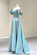 Blue Satin Long A-Line Evening Prom Dress, Unique Spaghetti Straps Evening Dress