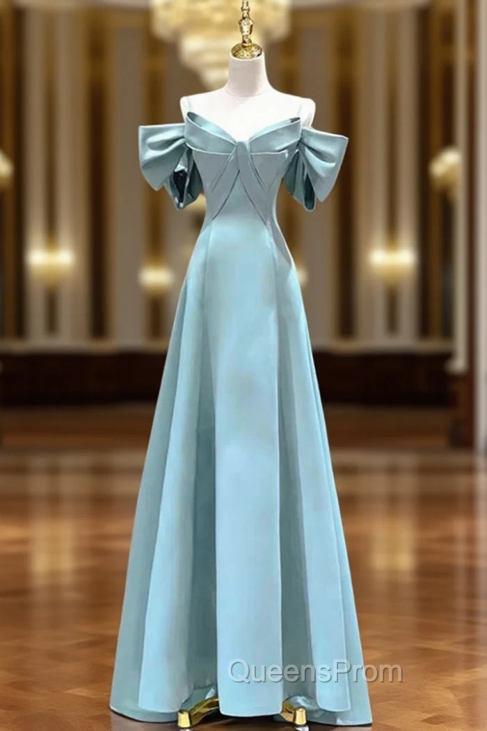 Blue Satin Long A-Line Evening Prom Dress, Unique Spaghetti Straps Evening Dress
