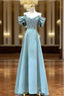 Blue Satin Long A-Line Evening Prom Dress, Unique Spaghetti Straps Evening Dress