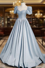 Blue Satin Long A-Line Evening Prom Dress with Pearls, Cute Short Sleeve Evening Dress