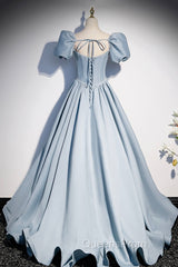 Blue Satin Long A-Line Evening Prom Dress with Pearls, Cute Short Sleeve Evening Dress