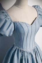 Blue Satin Long A-Line Evening Prom Dress with Pearls, Cute Short Sleeve Evening Dress