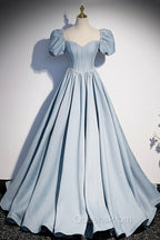 Blue Satin Long A-Line Evening Prom Dress with Pearls, Cute Short Sleeve Evening Dress