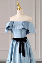 Blue Satin Long Evening Dress, Simple A-Line Strapless Evening Prom Dress