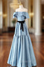 Blue Satin Long Evening Dress, Simple A-Line Strapless Evening Prom Dress