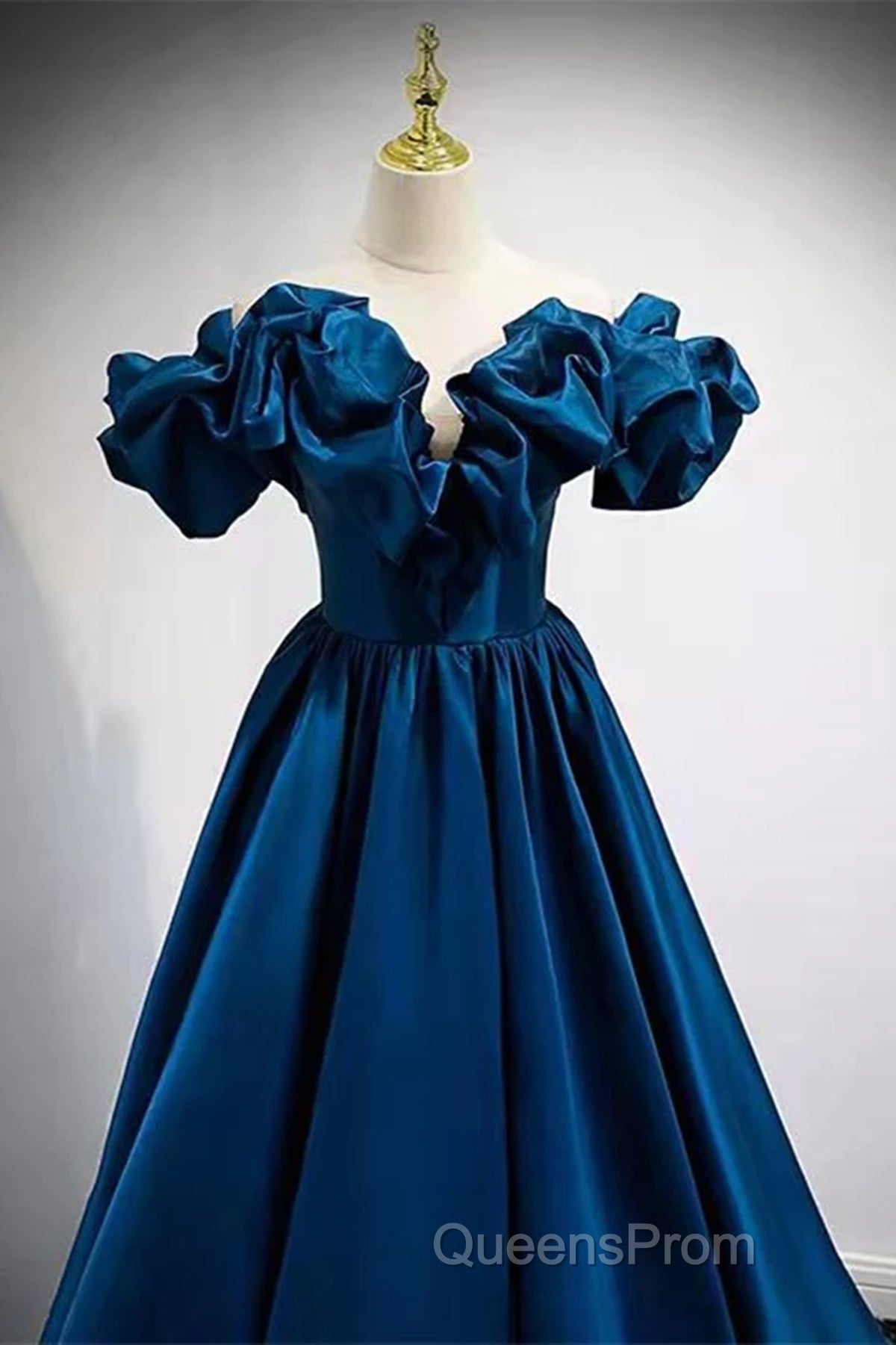 Blue Satin Long Off Shoulder A-Line Evening Prom Dress, Blue Sweetheart Evening Dress Secondary image