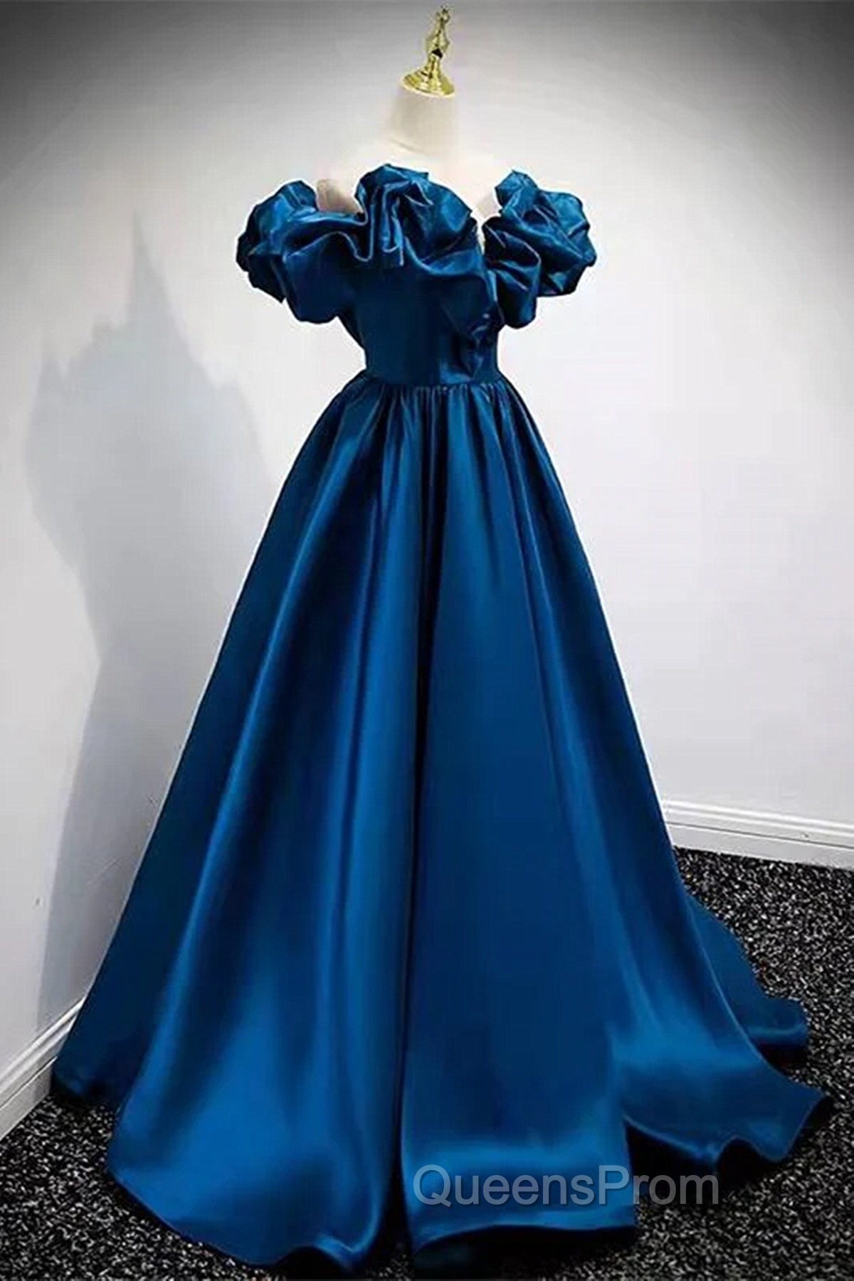 Blue Satin Long Off Shoulder A-Line Evening Prom Dress, Blue Sweetheart Evening Dress