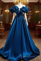 Blue Satin Long Off Shoulder A-Line Evening Prom Dress, Blue Sweetheart Evening Dress