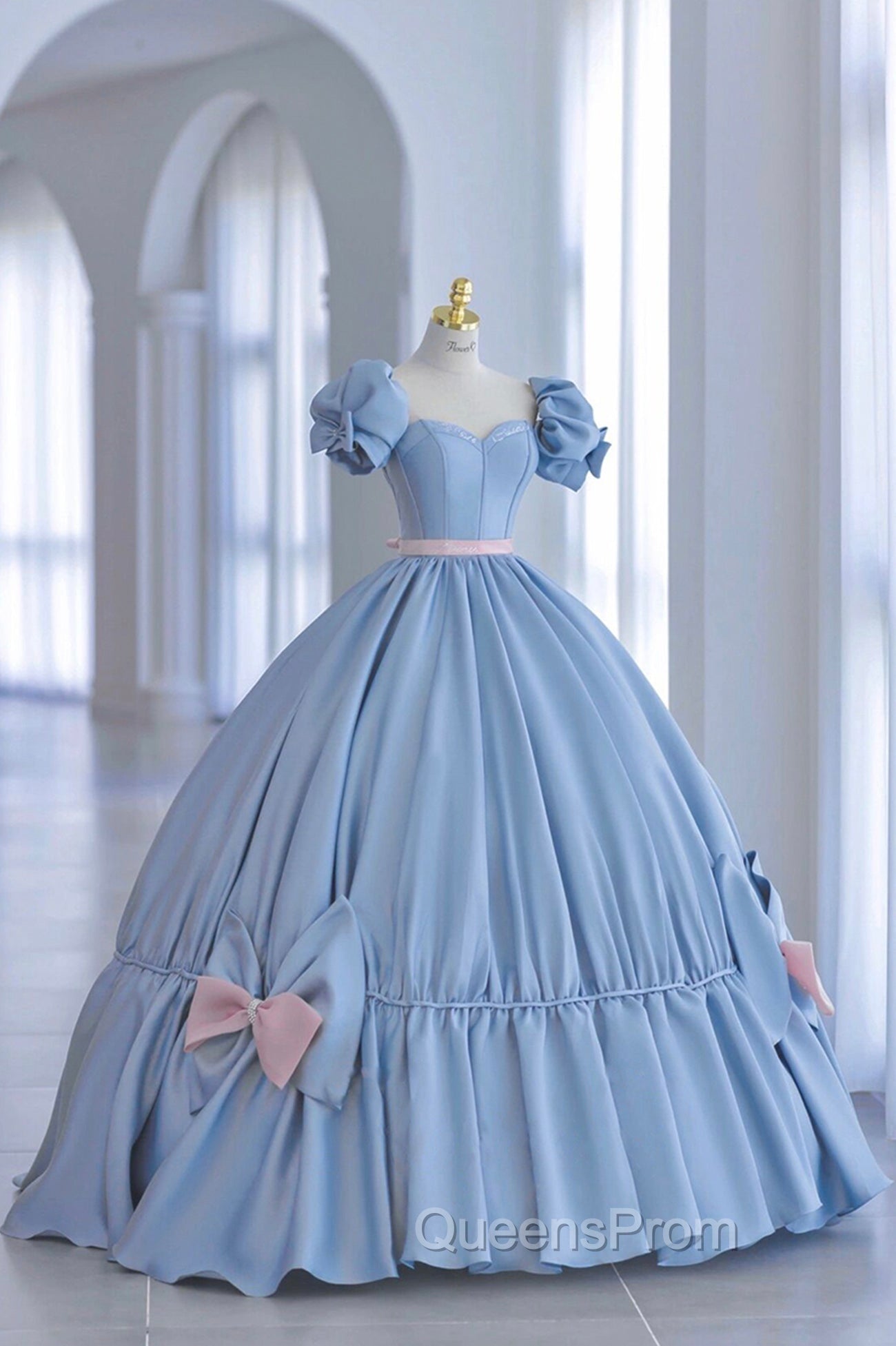 Blue Satin Long Princess Dress, Cute Short Sleeve Ball Gown Sweet 16 Dress Main image