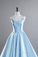 Blue Satin Long Evening Prom Dress, A-Line Spaghetti Strap Evening Party Dress