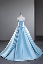 Blue Satin Long Evening Prom Dress, A-Line Spaghetti Strap Evening Party Dress