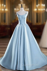 Blue Satin Long Evening Prom Dress, A-Line Spaghetti Strap Evening Party Dress