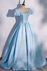 Blue Satin Long Evening Prom Dress, Blue A-Line Scoop Neckline Short Sleeve Evening Dress