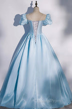 Blue Satin Long Evening Prom Dress, Blue A-Line Scoop Neckline Short Sleeve Evening Dress