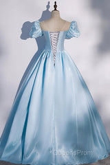 Blue Satin Long Evening Prom Dress, Blue A-Line Scoop Neckline Short Sleeve Evening Dress