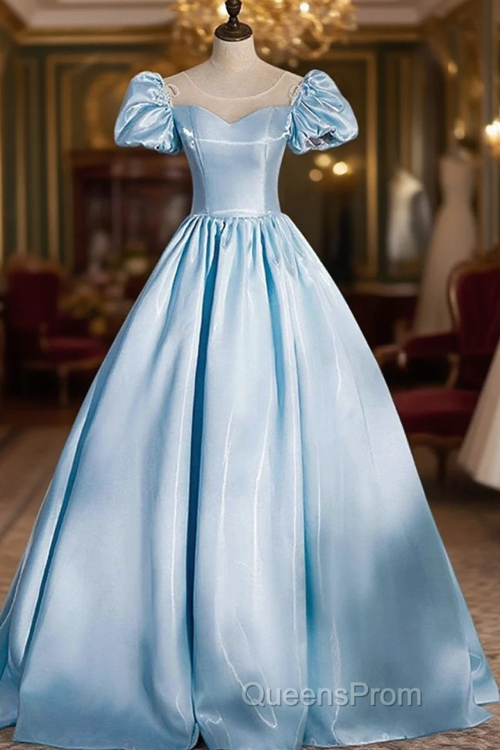Blue Satin Long Evening Prom Dress, Blue A-Line Scoop Neckline Short Sleeve Evening Dress Main image