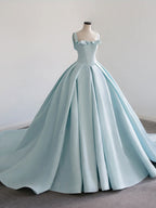 Blue Satin Long Classy Prom Dress, Blue Sweet 16 Dress