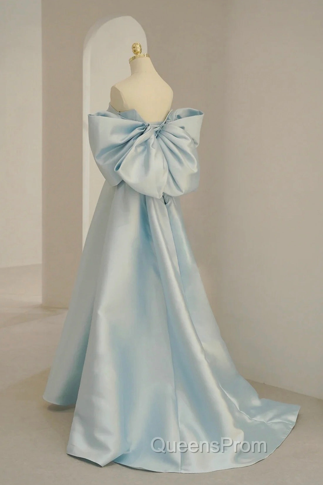 Blue Satin Long Evening Prom Dress with Big Bow, Blue A-Line Evening Party Dress