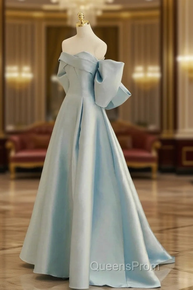 Blue Satin Long Evening Prom Dress with Big Bow, Blue A-Line Evening Party Dress Main image