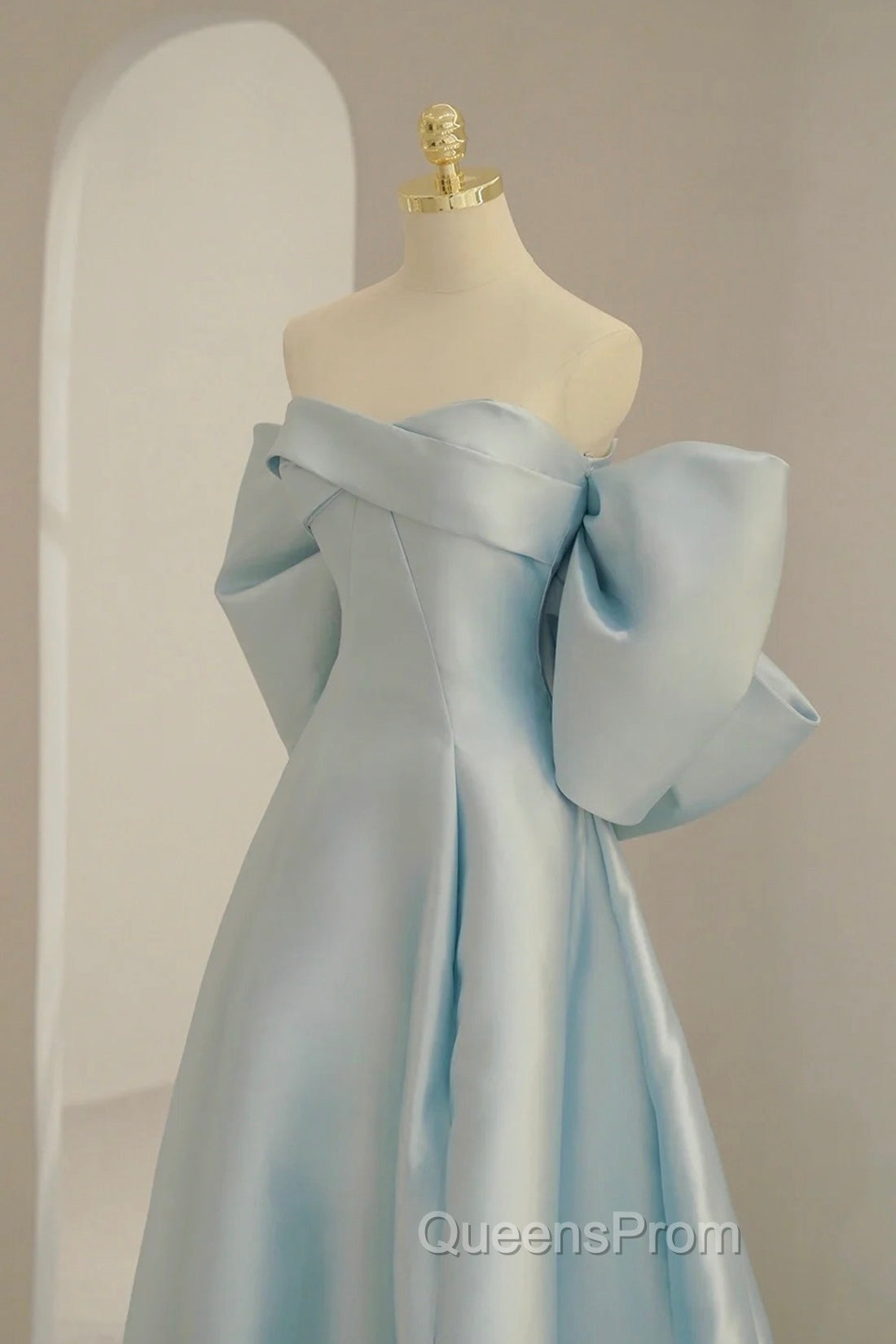 Blue Satin Long Evening Prom Dress with Big Bow, Blue A-Line Evening Party Dress