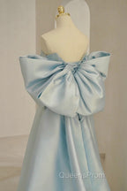 Blue Satin Long Evening Prom Dress with Big Bow, Blue A-Line Evening Party Dress
