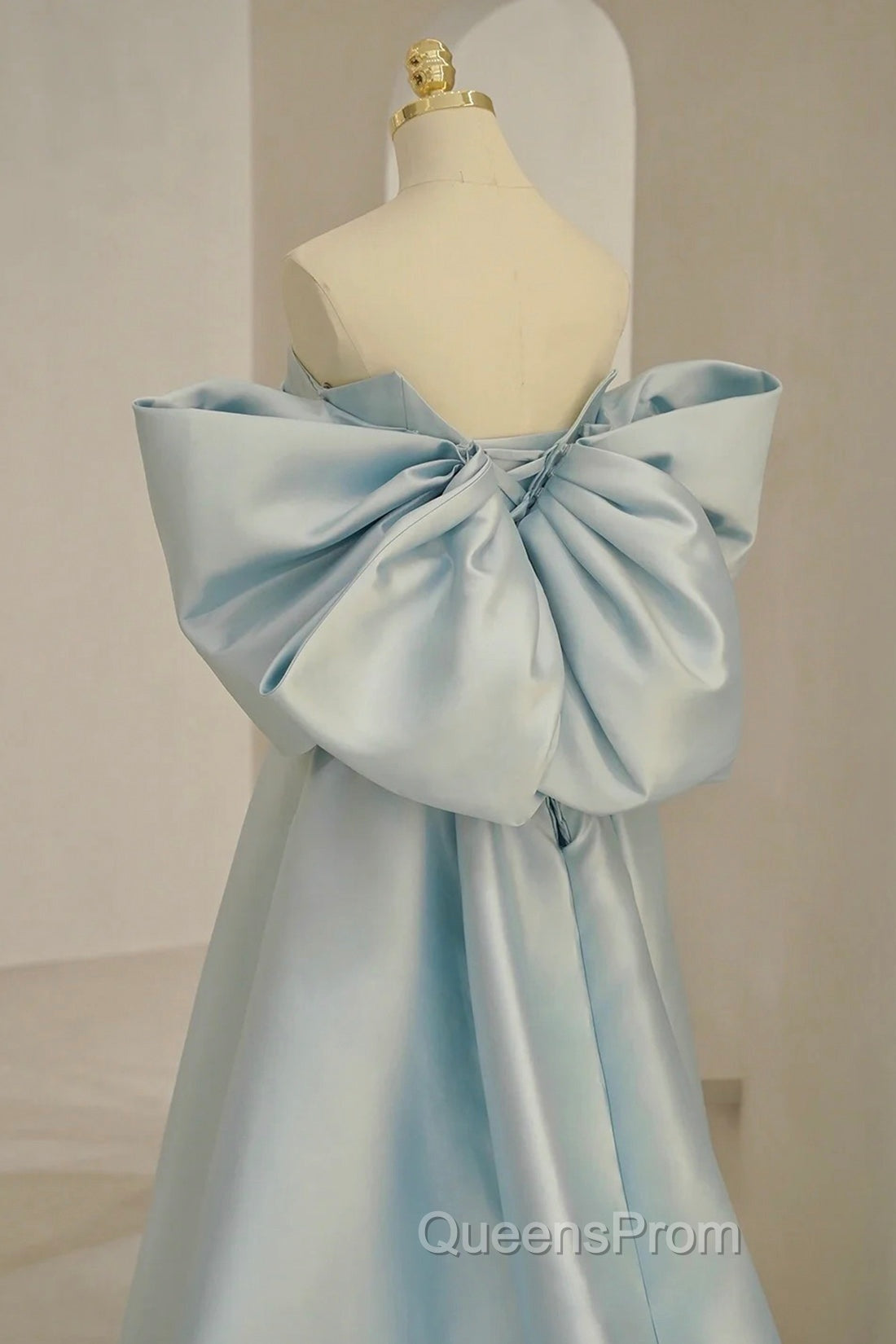 Blue Satin Long Evening Prom Dress with Big Bow, Blue A-Line Evening Party Dress