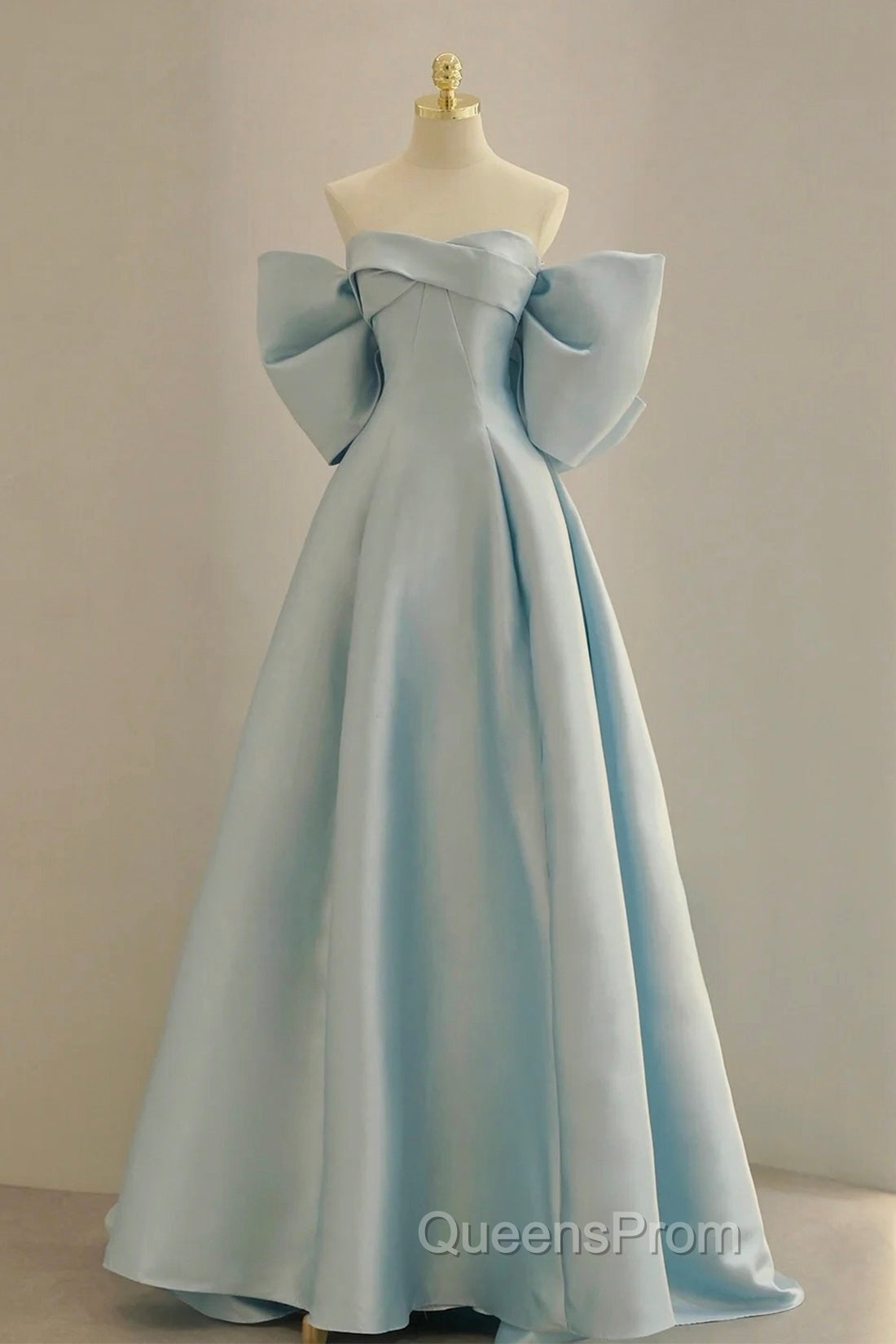 Blue Satin Long Evening Prom Dress with Big Bow, Blue A-Line Evening Party Dress Secondary image