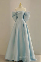 Blue Satin Long Evening Prom Dress with Big Bow, Blue A-Line Evening Party Dress