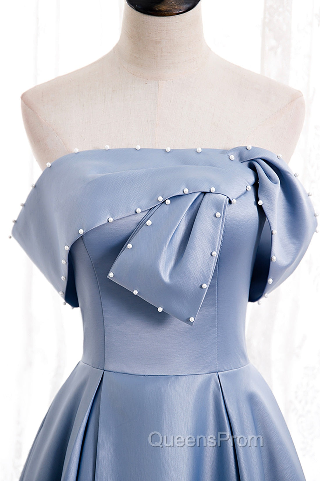 Blue Satin Long Evening Prom Dress with Pearls, Blue A-Line Strapless Party Dress Secondary image